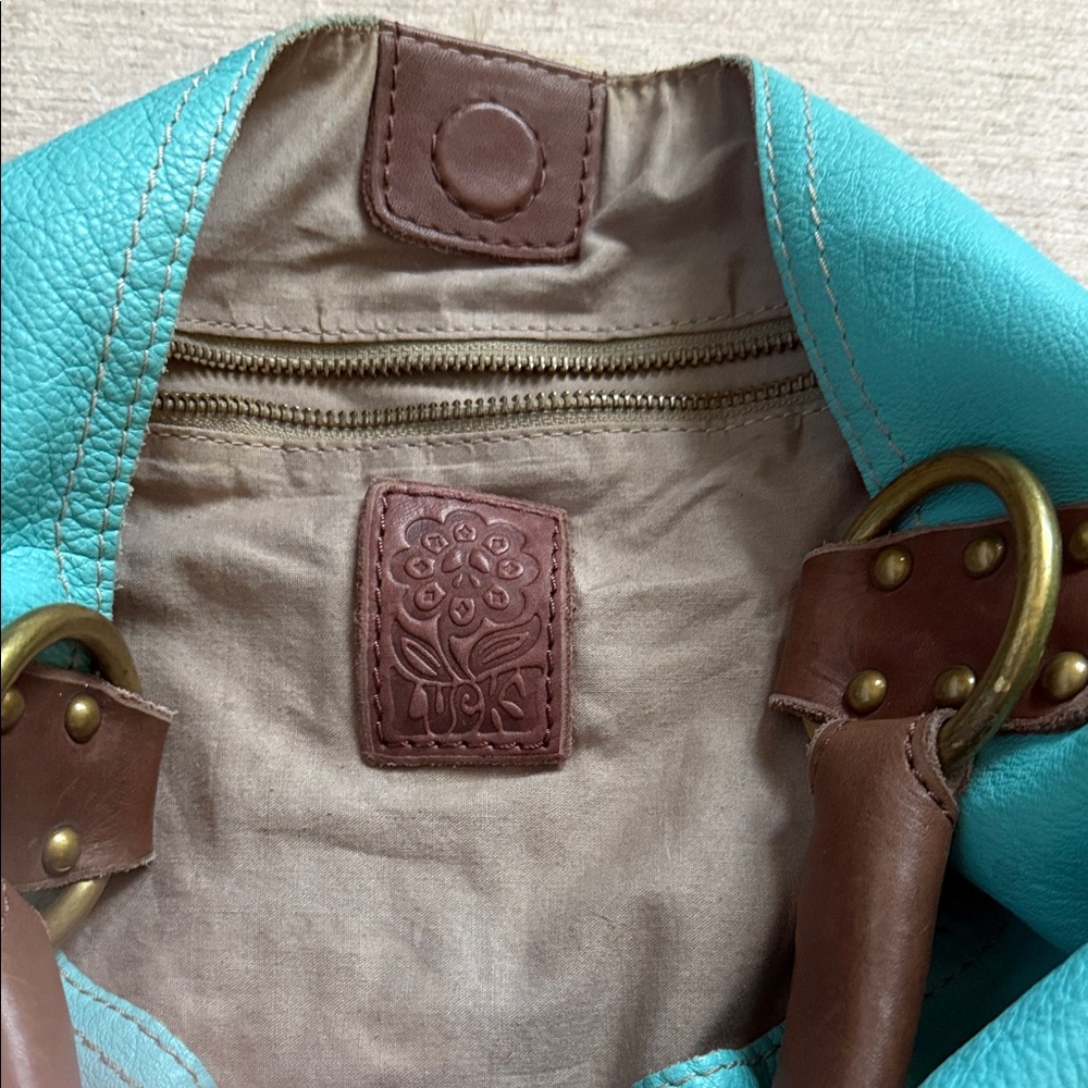 Lucky Brand Turquoise Leather Tote with Brown Handles - Picture 7 of 16